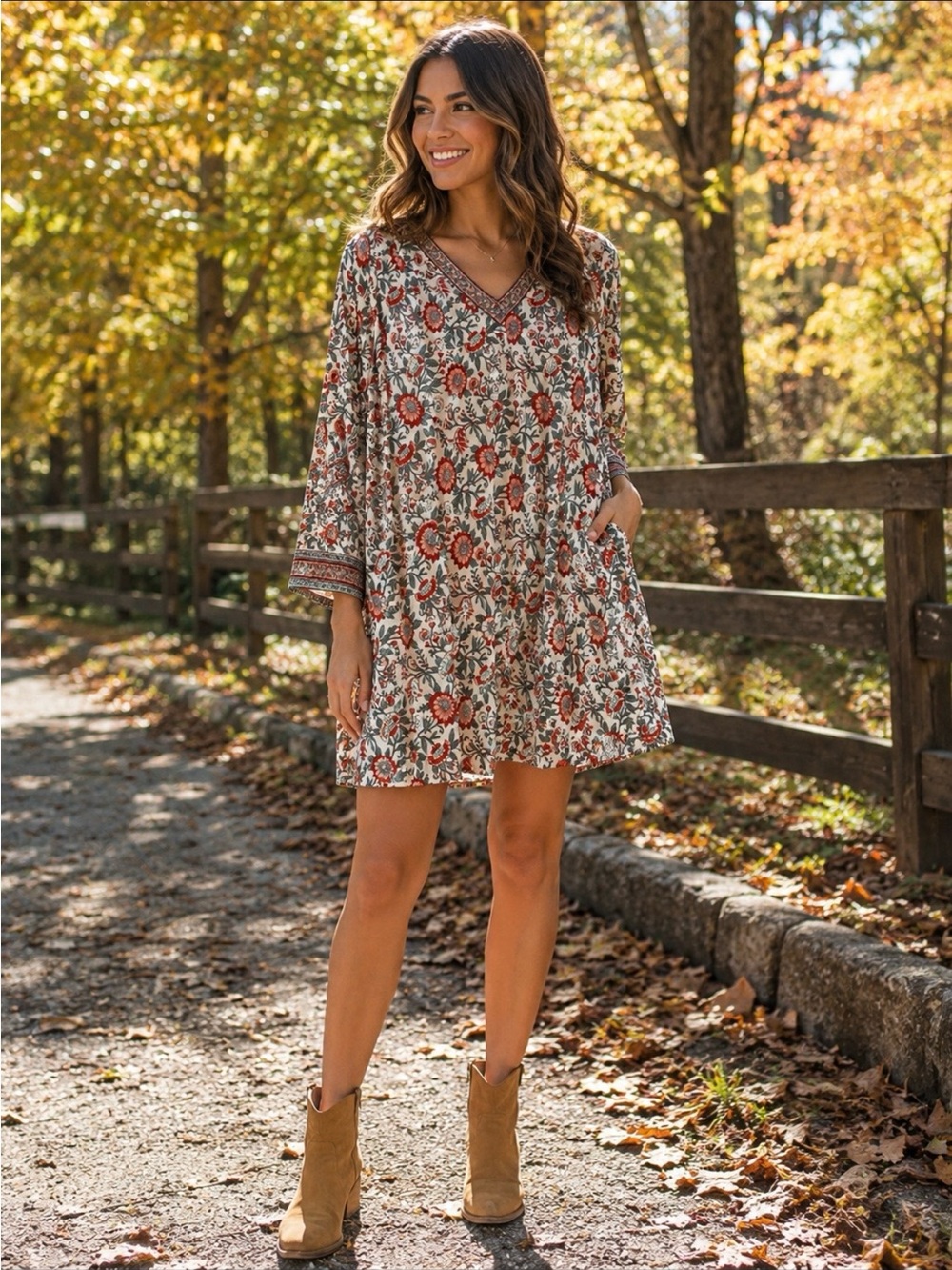 Arnhem Floral V-Neck Dress - Red and Green